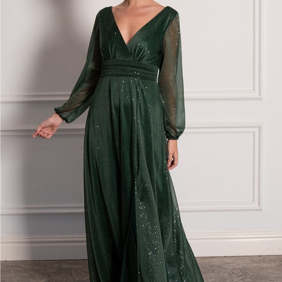 Long Sleeve Sparkly Split Formal Dress - Picture 2 of 3